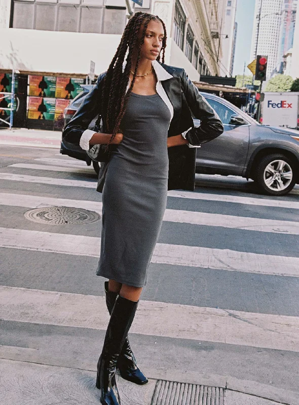 Midi dresses with patchwork patterns for a one - of - a - kind styleCamellia Midi Dress Slate Grey Midi dresses with patchwork patterns for a one - of - a - kind styleCamellia Midi Dress Slate Grey