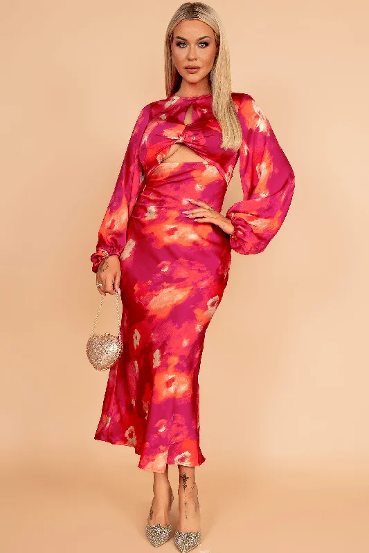 Midi dresses with keyhole backs for a flirty and unexpected detailClara Pink Satin Print Dress Midi dresses with keyhole backs for a flirty and unexpected detailClara Pink Satin Print Dress