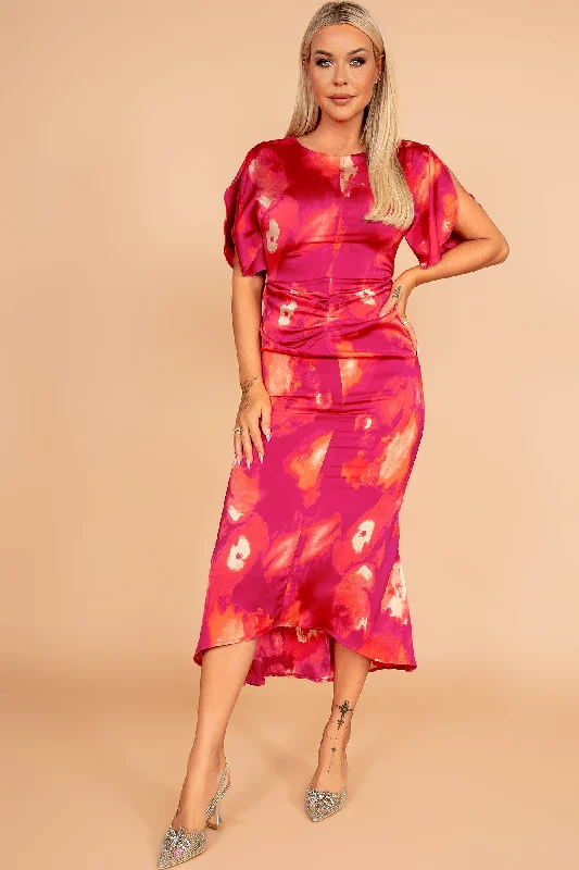 Midi dresses with embroidered accents for a unique and detailed designCleo Pink Satin Print Dress Midi dresses with embroidered accents for a unique and detailed designCleo Pink Satin Print Dress