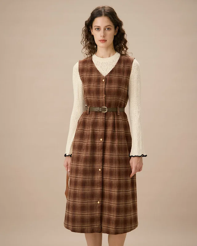 Plaid midi dresses for a fall - themed family gatheringCoffee V Neck Sleeveless Plaid Midi Dress Plaid midi dresses for a fall - themed family gatheringCoffee V Neck Sleeveless Plaid Midi Dress