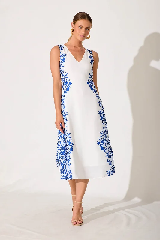 Midi dresses with lace - up fronts for a unique and adjustable styleFerry Midi Dress In White With Blue Leaf Linen Blend Midi dresses with lace - up fronts for a unique and adjustable styleFerry Midi Dress In White With Blue Leaf Linen Blend