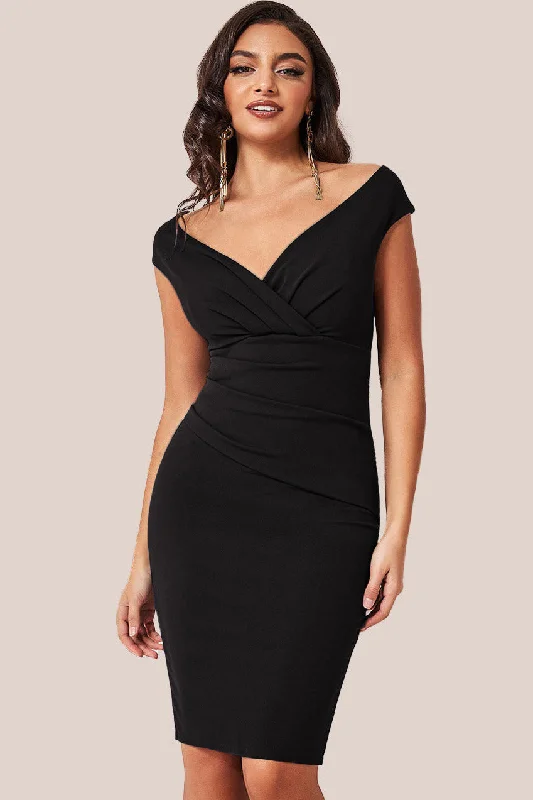 Midi dresses with pleated skirts for a timeless and elegant appealGoddiva Bardot Pleated Midi Dress - Black Midi dresses with pleated skirts for a timeless and elegant appealGoddiva Bardot Pleated Midi Dress - Black