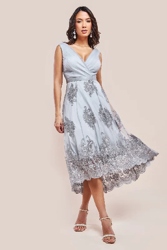 Midi dresses with lace - up fronts for a unique and adjustable styleGoddiva Pleated Satin Bodice High And Low Dress - Grey Midi dresses with lace - up fronts for a unique and adjustable styleGoddiva Pleated Satin Bodice High And Low Dress - Grey