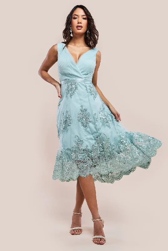 Midi dresses with gathered skirts for a full and flowing silhouetteGoddiva Pleated Satin Bodice High And Low Dress - Sage Green Midi dresses with gathered skirts for a full and flowing silhouetteGoddiva Pleated Satin Bodice High And Low Dress - Sage Green