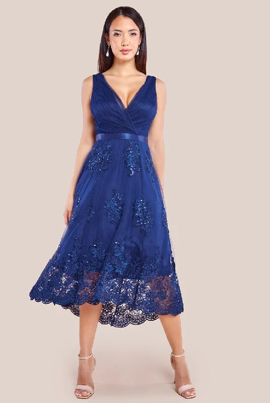 Midi dresses with tiered skirts for a bohemian festival lookGoddiva Pleated Satin Bodice High And Low Dress - Navy Midi dresses with tiered skirts for a bohemian festival lookGoddiva Pleated Satin Bodice High And Low Dress - Navy