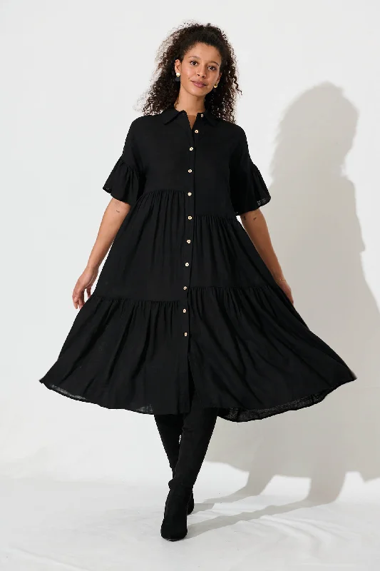 Sheath midi dresses with beaded embellishments for a formal occasionGwennie Midi Shirt Dress In Black Cotton Linen Sheath midi dresses with beaded embellishments for a formal occasionGwennie Midi Shirt Dress In Black Cotton Linen