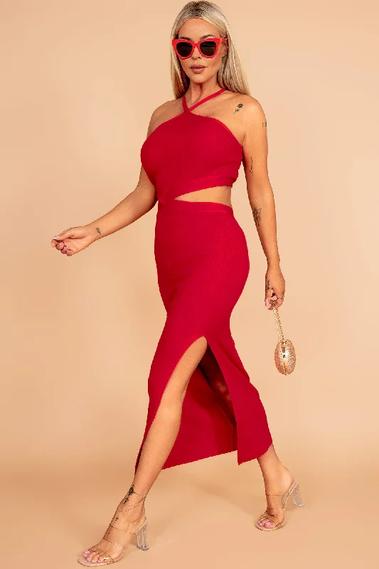 Midi dresses with ribbed textures for a unique and tactile appearanceIvey Red Knit Ribbed Dress Midi dresses with ribbed textures for a unique and tactile appearanceIvey Red Knit Ribbed Dress