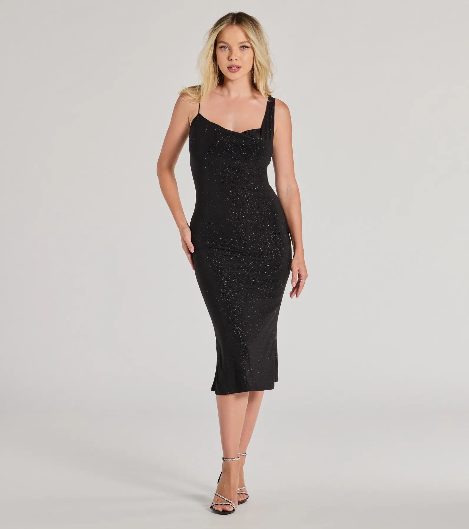 Midi dresses with puff sleeves for a vintage - inspired lookShimmering Nights Cowl Neck Glitter Midi Dress Midi dresses with puff sleeves for a vintage - inspired lookShimmering Nights Cowl Neck Glitter Midi Dress