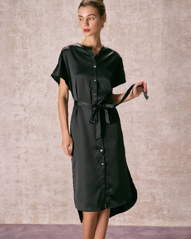 Midi dresses with metallic threads for a glamorous evening eventThe Black Crew Neck Belted Satin Midi Dress Midi dresses with metallic threads for a glamorous evening eventThe Black Crew Neck Belted Satin Midi Dress