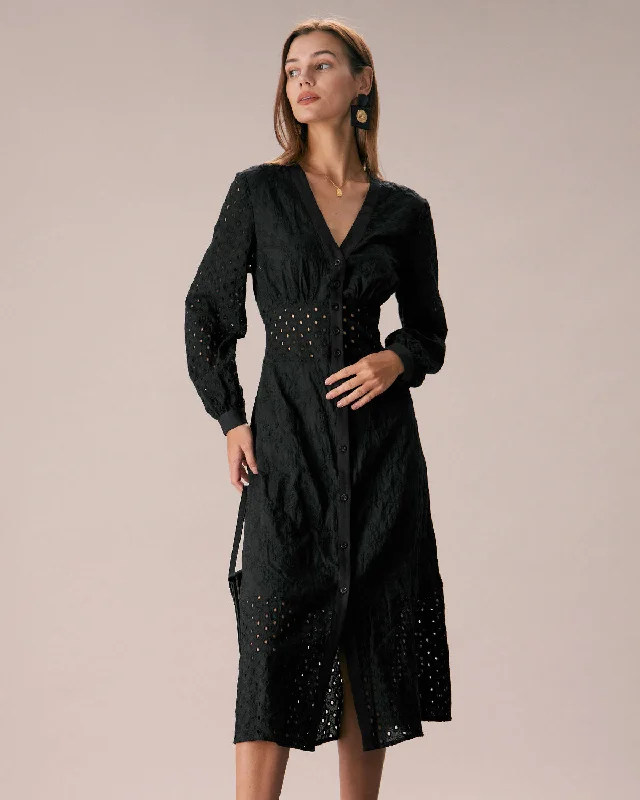 Midi dresses with geometric cutouts for a contemporary and edgy lookThe Black V Neck Cutout Embroidery Midi Dress