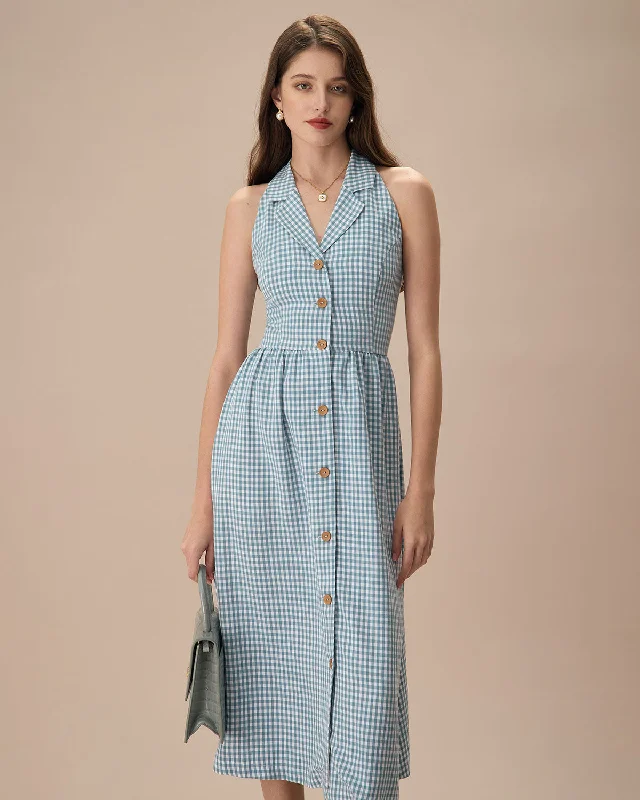 Midi dresses with asymmetric hems for a fashion - forward and dynamic appearanceThe Blue Lapel Plaid Sleeveless Shirt Midi Dress Midi dresses with asymmetric hems for a fashion - forward and dynamic appearanceThe Blue Lapel Plaid Sleeveless Shirt Midi Dress