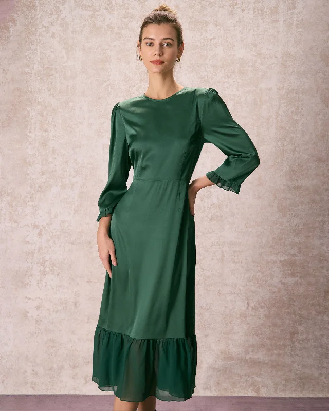 Midi dresses with belted waists to accentuate the figureThe Green Spliced Ruffle Poet Sleeve Midi Dress Midi dresses with belted waists to accentuate the figureThe Green Spliced Ruffle Poet Sleeve Midi Dress