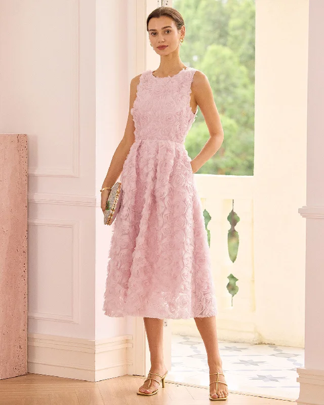 High - low midi dresses with geometric patterns for a modern partyThe Pink Round Neck Backless Midi Dress High - low midi dresses with geometric patterns for a modern partyThe Pink Round Neck Backless Midi Dress