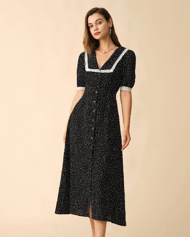 Midi dresses with belted waists to accentuate the figureThe Polka Dot Lace Trim Midi Dress Midi dresses with belted waists to accentuate the figureThe Polka Dot Lace Trim Midi Dress