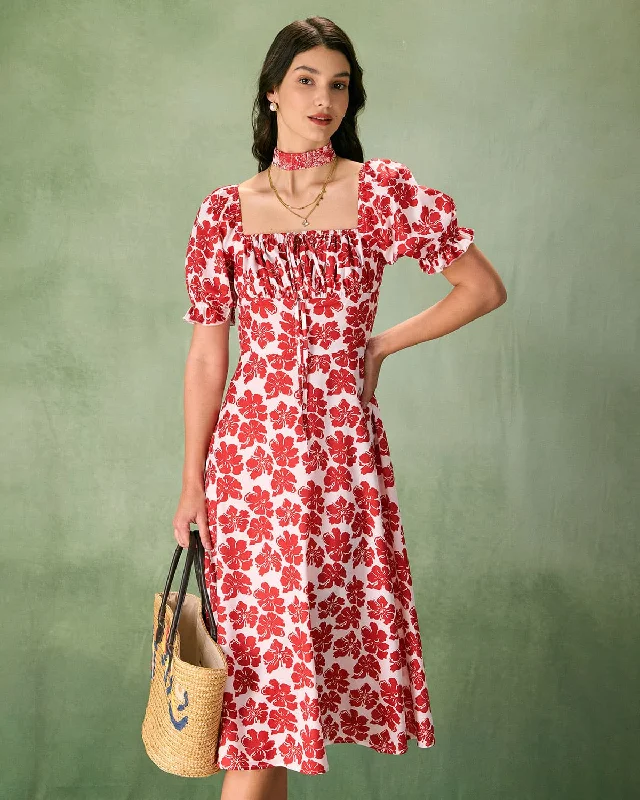 Midi dresses with ruffled hems for a romantic date nightThe Red Square Neck Floral Ruched Midi Dress Midi dresses with ruffled hems for a romantic date nightThe Red Square Neck Floral Ruched Midi Dress
