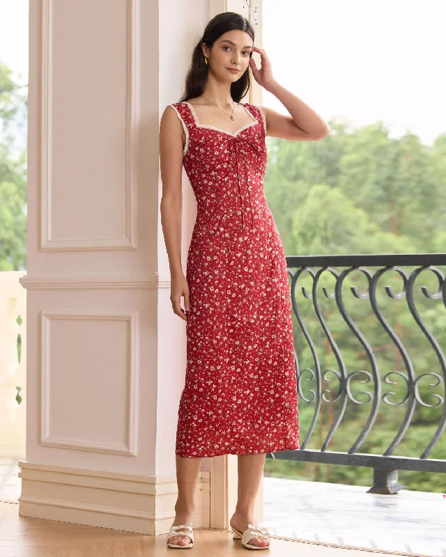 Midi dresses with pleated skirts for a timeless and elegant appealThe Red Sweetheart Neck Floral Lace Trim Midi Dress Midi dresses with pleated skirts for a timeless and elegant appealThe Red Sweetheart Neck Floral Lace Trim Midi Dress