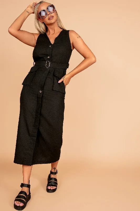 Midi dresses with cotton - blend materials for everyday comfortVerna Black Linen Belted Dress