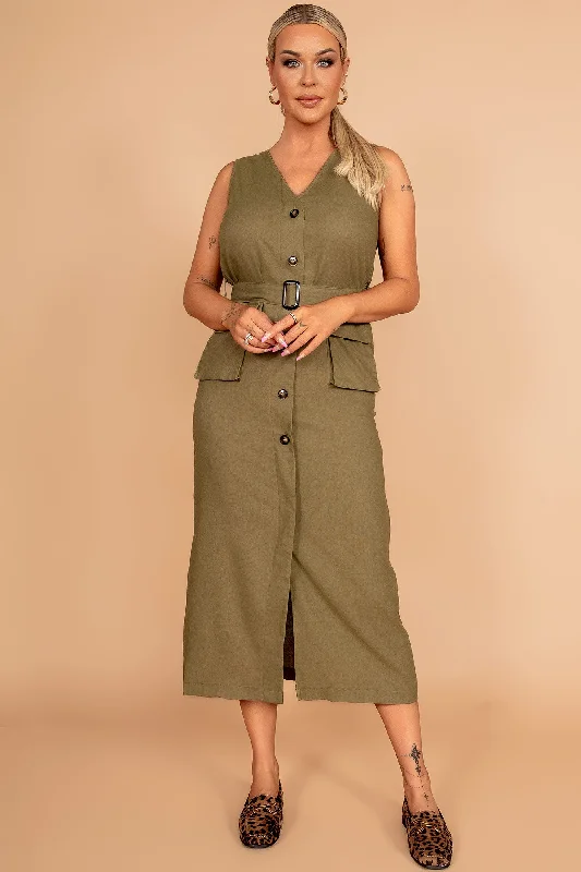 Midi dresses with satin - finish fabrics for a luxurious feelVerna Khaki Linen Belted Dress Midi dresses with satin - finish fabrics for a luxurious feelVerna Khaki Linen Belted Dress