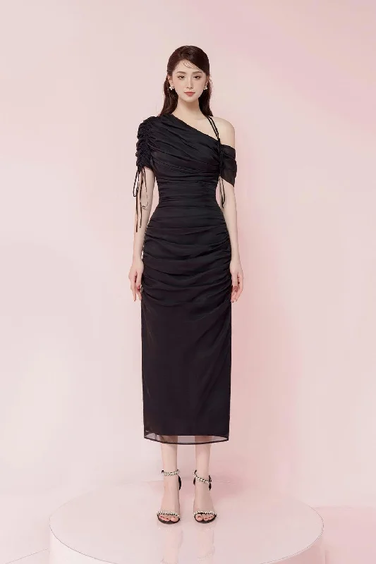 Midi dresses with ruffled bodices for a more pronounced feminine lookWaves Gathered Asymmetric Neck Floss Silk Midi Dress Midi dresses with ruffled bodices for a more pronounced feminine lookWaves Gathered Asymmetric Neck Floss Silk Midi Dress