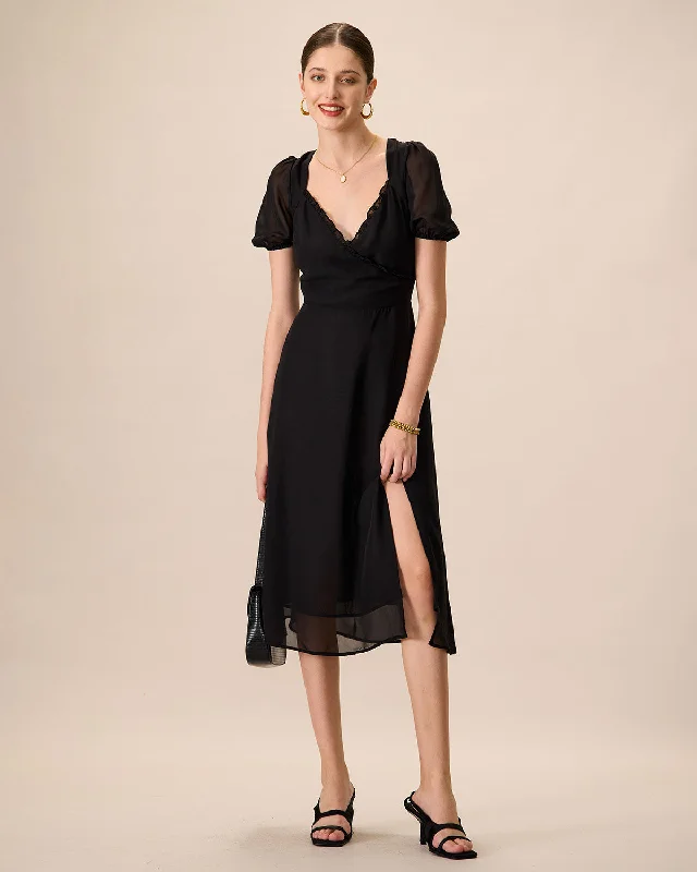 Midi dresses with mesh inserts for a trendy and breathable optionWomen's Black Ruched See-Through Slit Midi Dress Midi dresses with mesh inserts for a trendy and breathable optionWomen's Black Ruched See-Through Slit Midi Dress