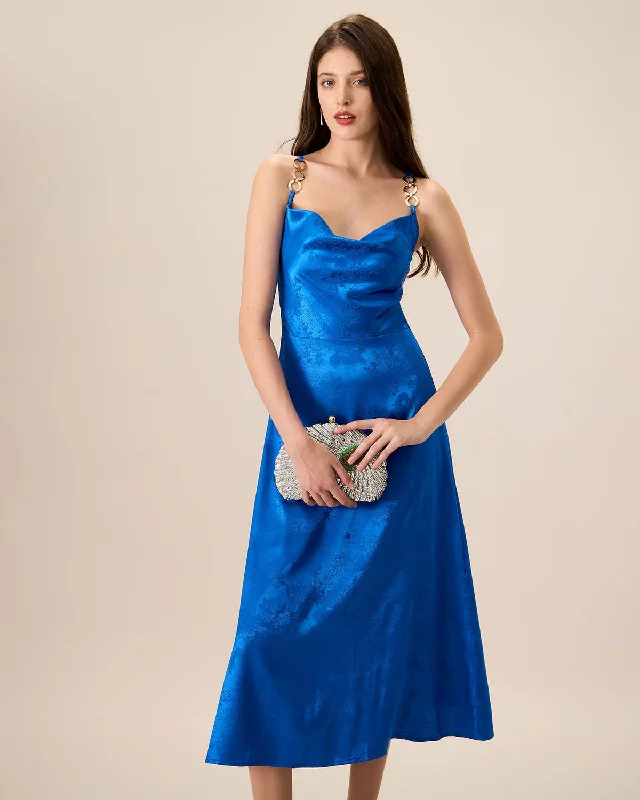 Midi dresses with printed lining for a hidden and stylish detailWomen's Blue Cowl Neck Jacquard Slip Midi Dress Midi dresses with printed lining for a hidden and stylish detailWomen's Blue Cowl Neck Jacquard Slip Midi Dress