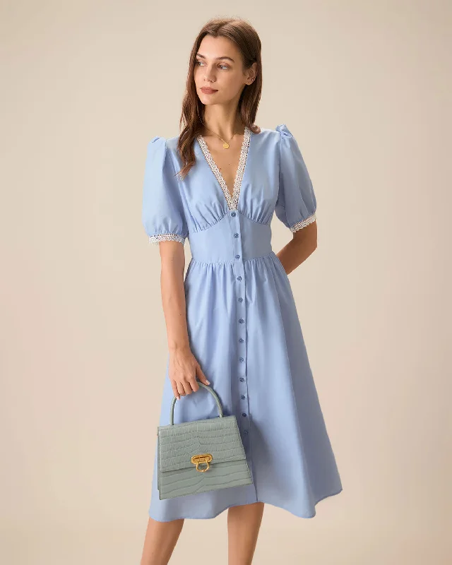 Midi dresses with off - the - shoulder necklines for a flirty lookWomen's Blue V-Neck Puffed Sleeve Midi Dress Midi dresses with off - the - shoulder necklines for a flirty lookWomen's Blue V-Neck Puffed Sleeve Midi Dress