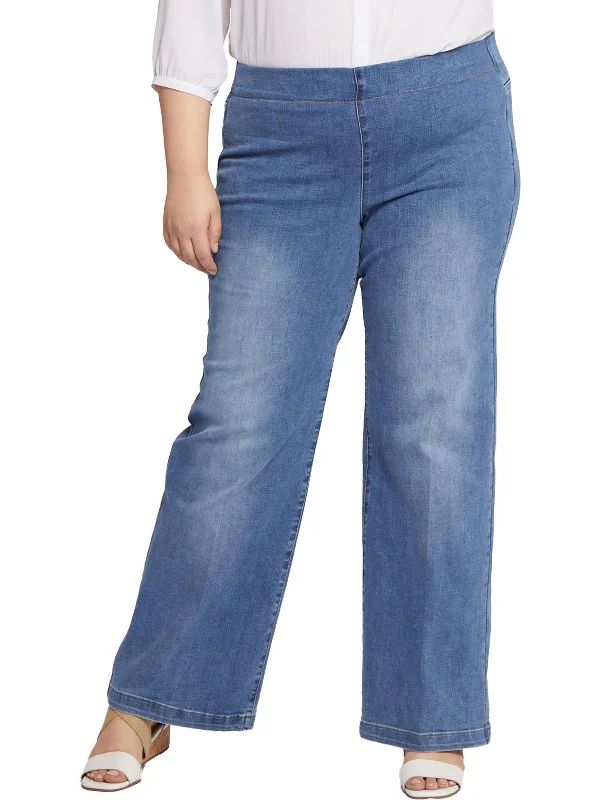 Women's designer brand pants High - rise flare women jeans for a 70s - inspired look Plus Womens Knit Denim Wide Leg Jeans Women's designer brand pants High - rise flare women jeans for a 70s - inspired look Plus Womens Knit Denim Wide Leg Jeans