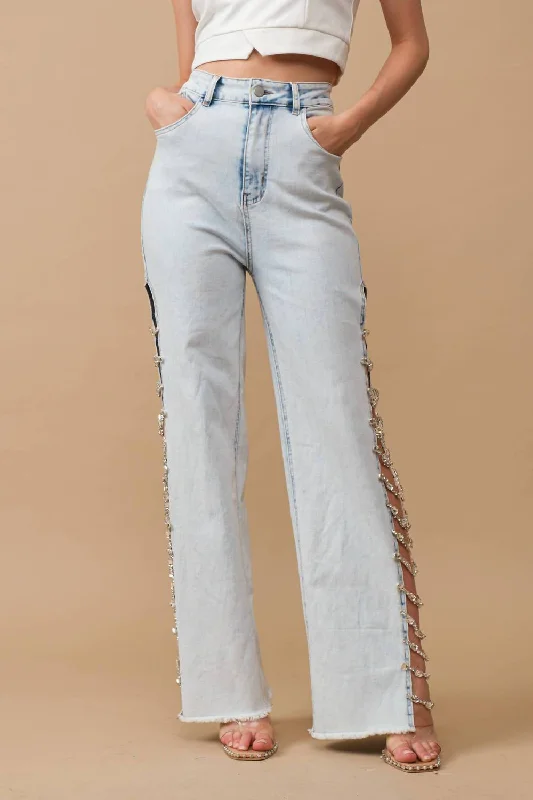 Women's senior - friendly lounge pants Embroidered women jeans with intricate patterns Stretch Denim Jeans With Side Jewel Trim In Light Wash