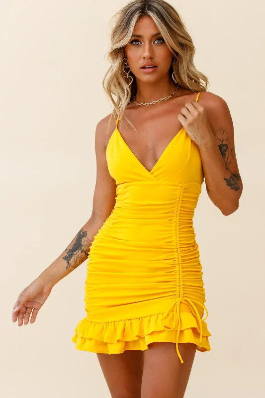 Mini dresses with asymmetric hems for a fashion - forward lookEarth Angel Drawstring Feature Ruched Party Dress Yellow
