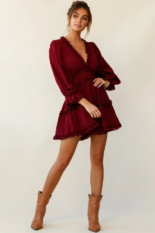 Ruffled mini dresses for a romantic touchLaney Cutout Back Balloon Sleeve Dress Plum