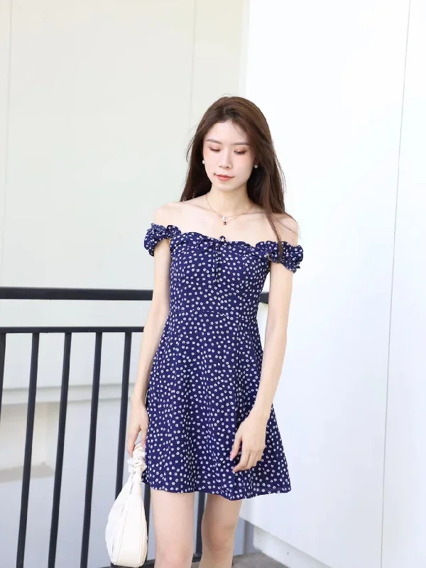 Mini dresses with wrap - around stylesNavy Off Shoulder Mini Dress
