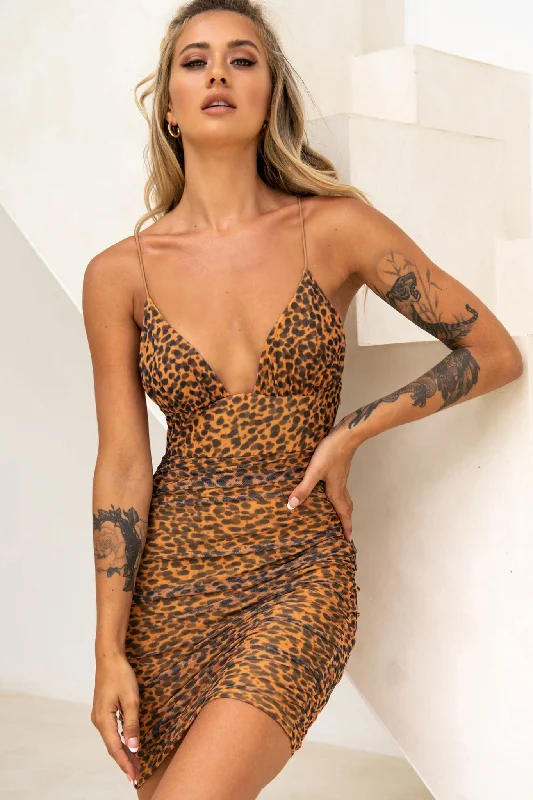 Cotton mini dresses for a comfortable everyday optionParty Animal Ruched Side Mini Dress Leopard Print Orange