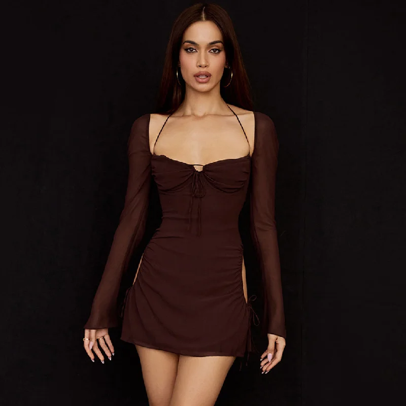 Mini dresses with one - shoulder designsBerryBetty - Halter Tie Strap Ruched Cut Out Club Mini Dress - Chocolate