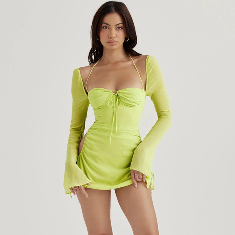 Mini dresses with ruched bodices for a feminine touchBerryBetty - Halter Tie Strap Ruched Cut Out Club Mini Dress - Green