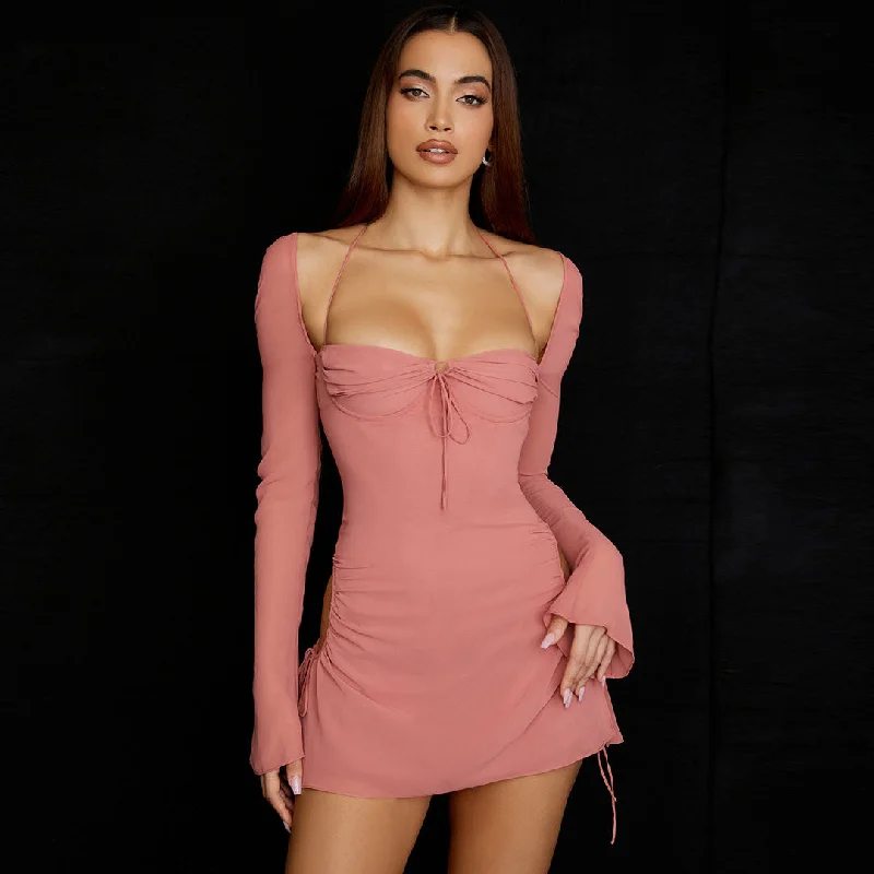 Mini dresses with halter necks for a stylish choiceBerryBetty - Halter Tie Strap Ruched Cut Out Club Mini Dress - Pink