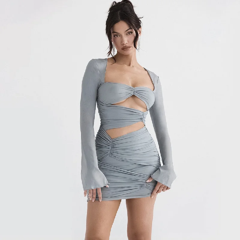 Mini dresses with puff sleeves for a vintage lookBerryBetty - Ruched Cut Out Wrap Trim Long Sleeve Bodycon Party Mini Dress - Gray