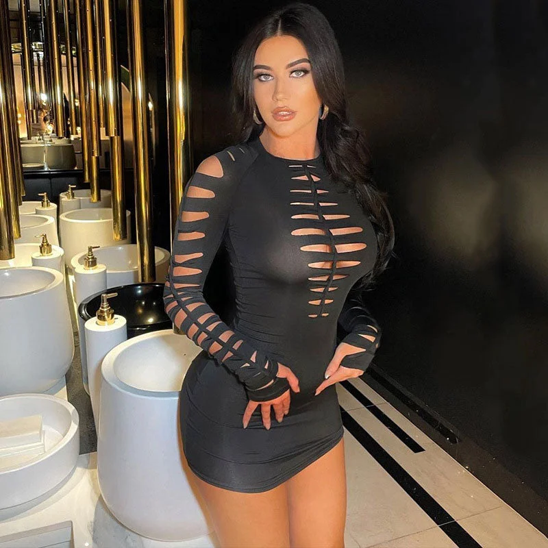 Printed mini dresses for a casual day outBerryBetty - Slashed Ladder Cut Out Crew Neck Long Sleeve Bodycon Mini Dress - Black