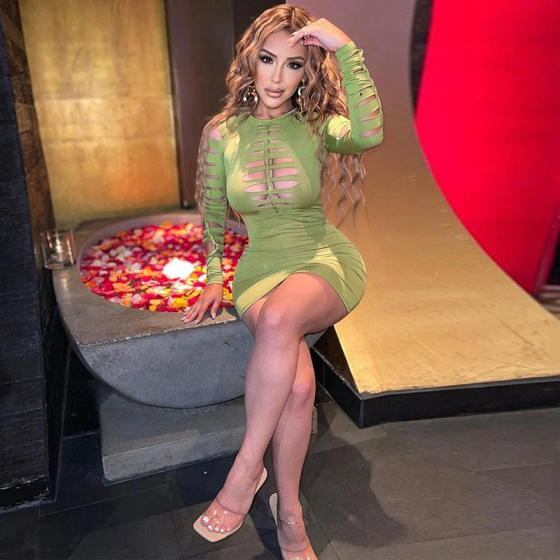 Animal print mini dresses for a bold statementBerryBetty - Slashed Ladder Cut Out Crew Neck Long Sleeve Bodycon Mini Dress - Green