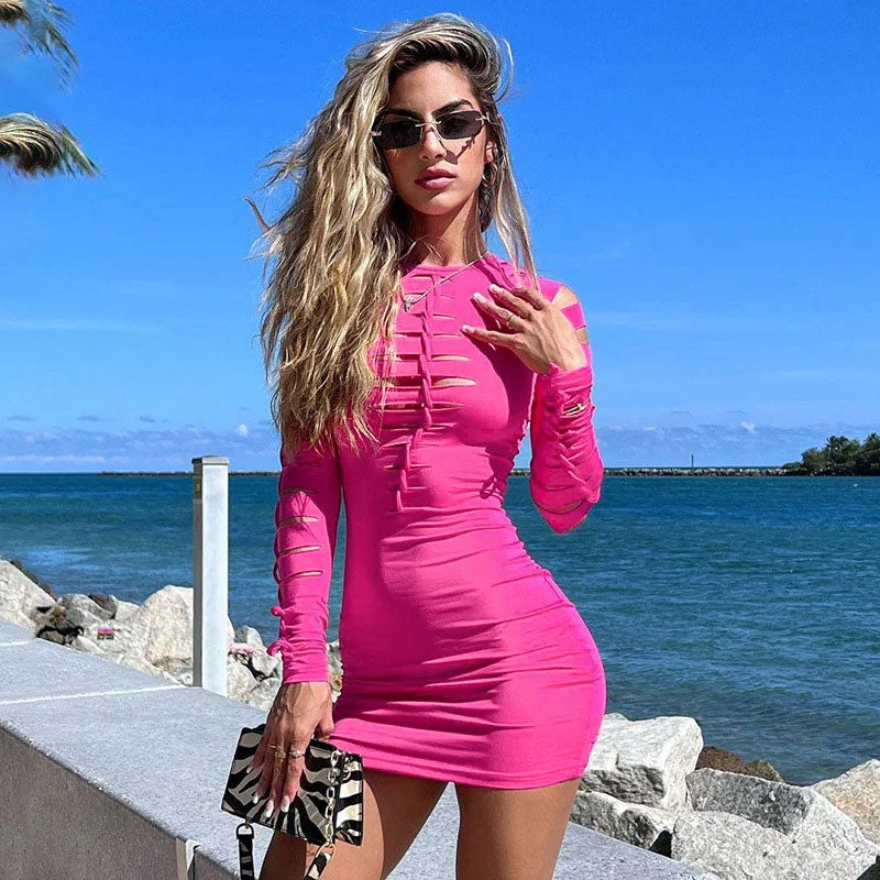 Mini dresses with side slits for a sexy appealBerryBetty - Slashed Ladder Cut Out Crew Neck Long Sleeve Bodycon Mini Dress - Hot Pink