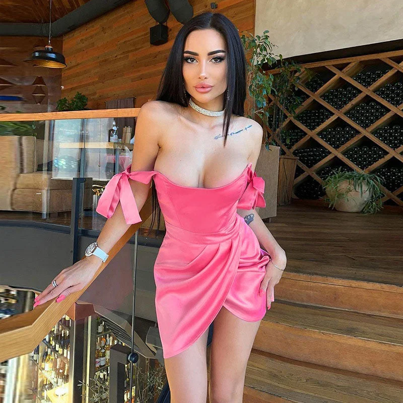 Mini dresses with cut - out details for a trendy lookBerryBetty - Solid Color Tie Strap Ruched Wrap Trim Bodycon Mini Dress - Pink