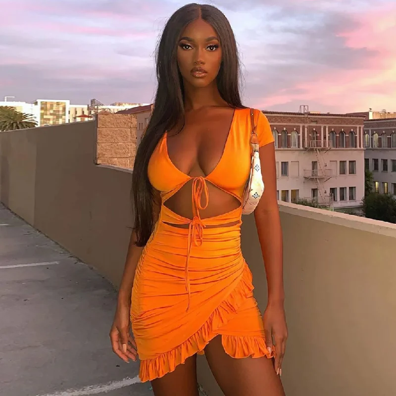 Mini dresses with one - shoulder designsBerryBetty - V Neck Floss Strap Ruched Bodycon Party Mini Dress - Orange