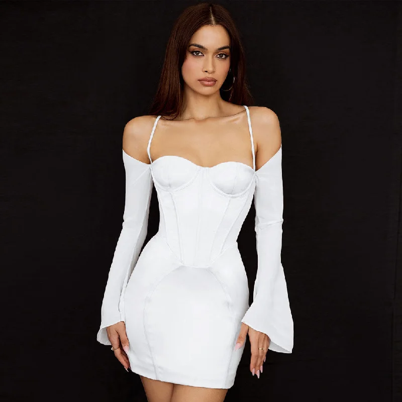 Mini dresses with halter necks for a stylish choiceBerryBetty - Silky Satin Long Sleeve Off Shoulder Corset Club Mini Dress - White
