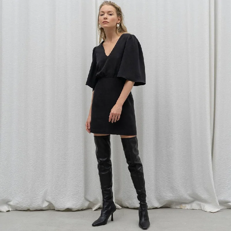 Mini dresses with mesh panels for a sexy and trendy lookBerryBetty - Simple Style V Neck Puff Sleeve Little Black Mini Dress - Black