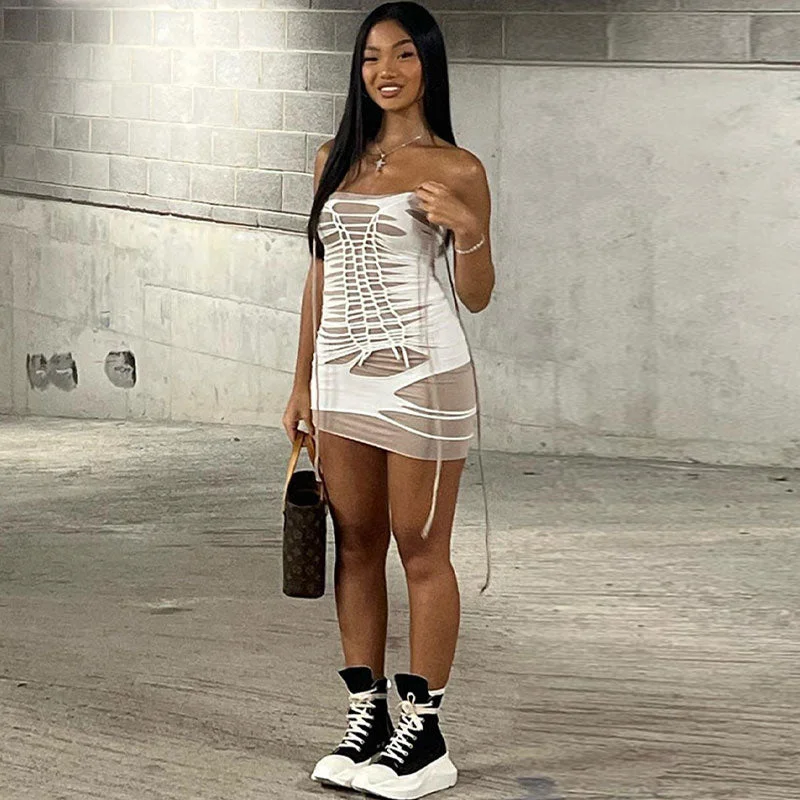 Mini dresses with tassel accents for a fun touchBerryBetty - Slashed Strappy Ladder Cutout Bodycon Strapless Club Mini Dress - White