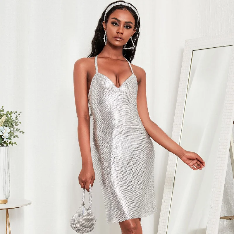 Velvet mini dresses for autumn weddingsBerryBetty - Sparkling Sleeveless Crisscross Open Back Party Mini Dress - Silver