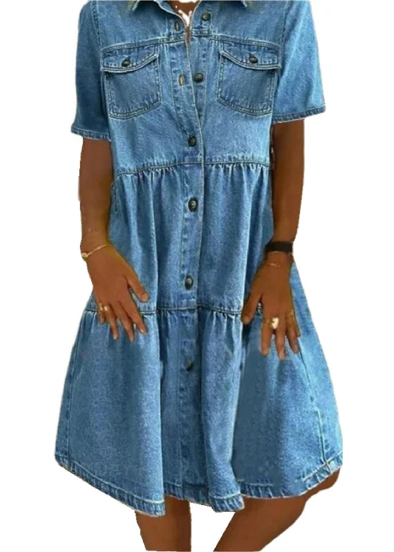 Mini dresses with pleated skirts for a classic lookSunol Tiered Button Down Chambray Dress