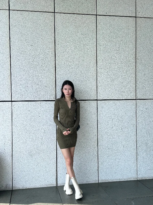 Mini dresses with belted waists for a defined silhouetteV Collar Neck Long Sleeves Mini Dress