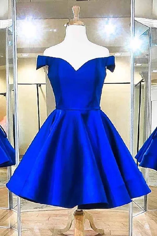 Short - length party dresses with a ruffled skirt for a flirty look​Fashion Off The Shoulder Royal Blue Satin Homecoming Dresses PD041