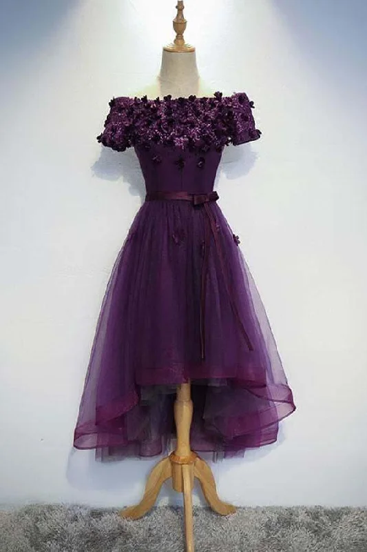 Party dresses with a paisley pattern for a bohemian - inspired look​A-line Cute Purple High Low Prom Dress Purple Homecoming dress PD202