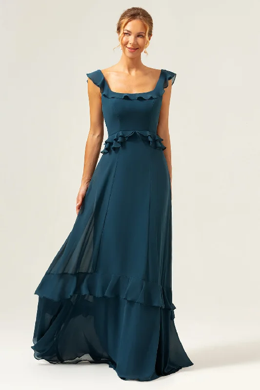 Wedding guest dresses with pom - pom trims for a playful lookA-Line Dark Peacock Green Scoop Neck Chiffon Long Bridesmaid Dress